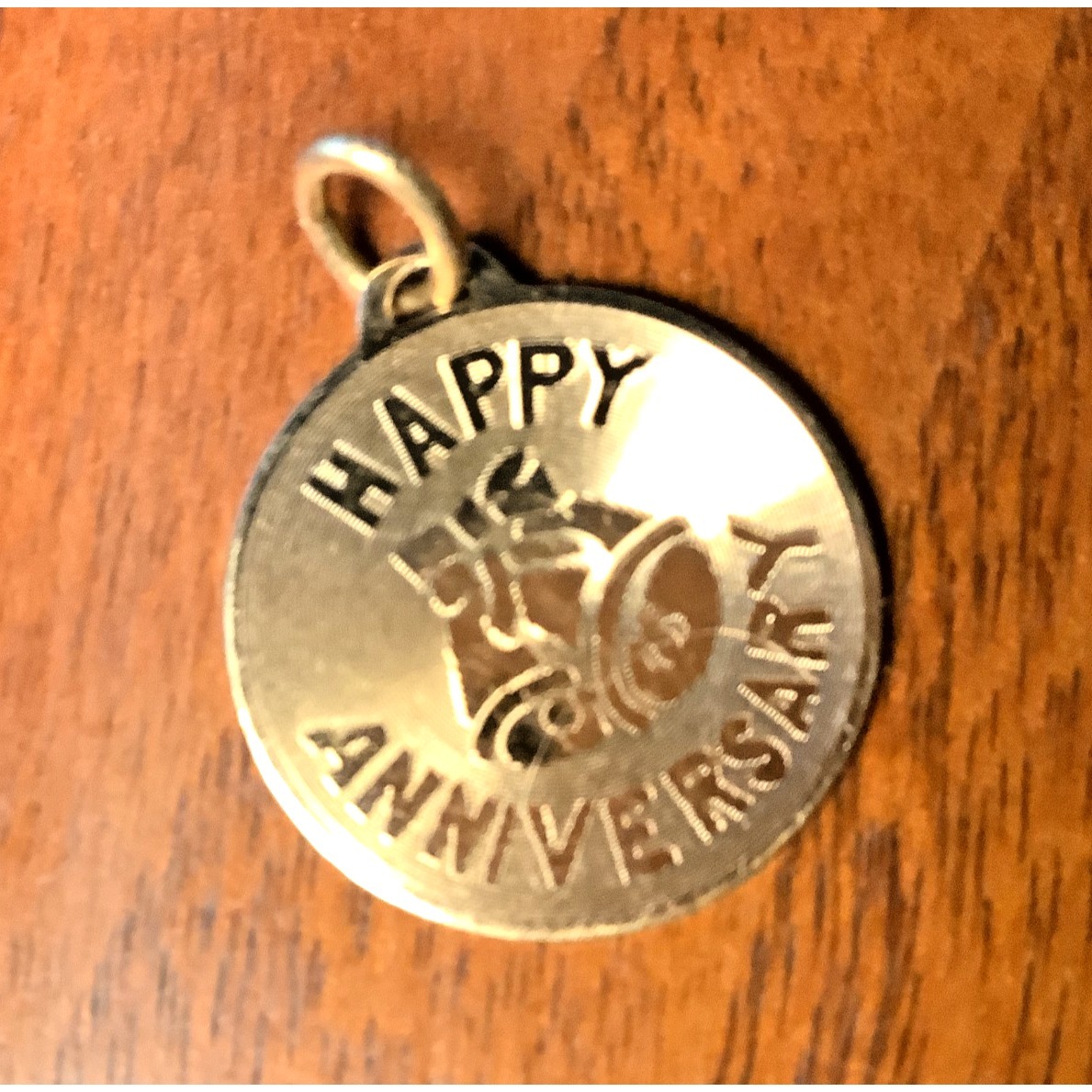 Happy Anniversary Bells Round Charm 12 Kt Gold Filled Signed 12k Gf 3/4"